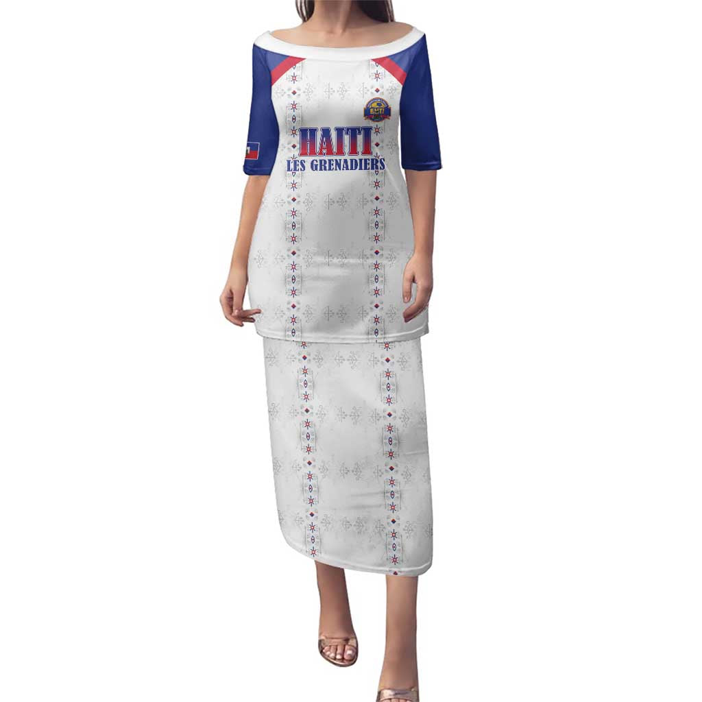 Custom Haiti Football Family Matching Puletasi and Hawaiian Shirt Les Grenadiers Veve Haitian Vodou White Version - Wonder Print Shop