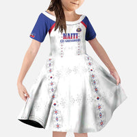 Custom Haiti Football Family Matching Short Sleeve Bodycon Dress and Hawaiian Shirt Les Grenadiers Veve Haitian Vodou White Version - Wonder Print Shop