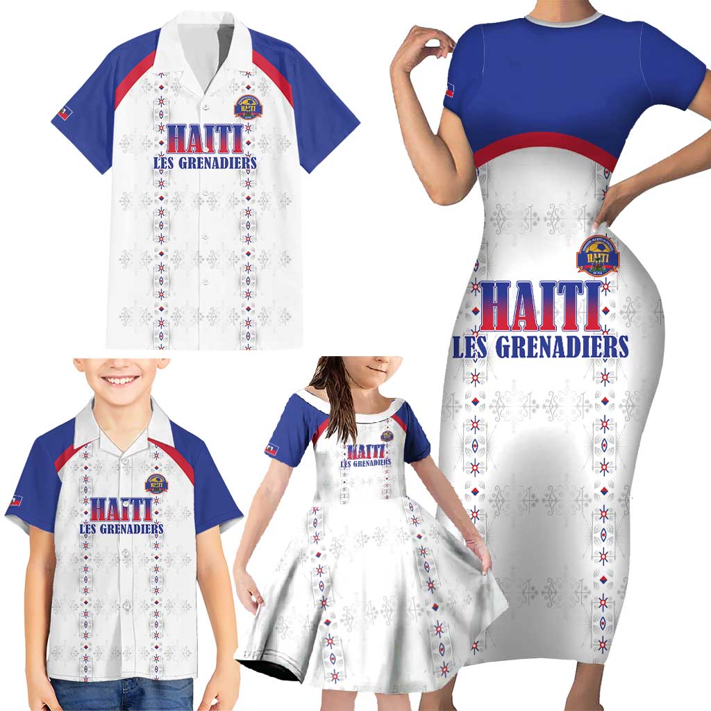 Custom Haiti Football Family Matching Short Sleeve Bodycon Dress and Hawaiian Shirt Les Grenadiers Veve Haitian Vodou White Version - Wonder Print Shop