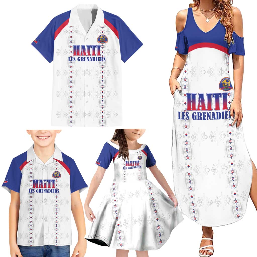 Custom Haiti Football Family Matching Summer Maxi Dress and Hawaiian Shirt Les Grenadiers Veve Haitian Vodou White Version - Wonder Print Shop