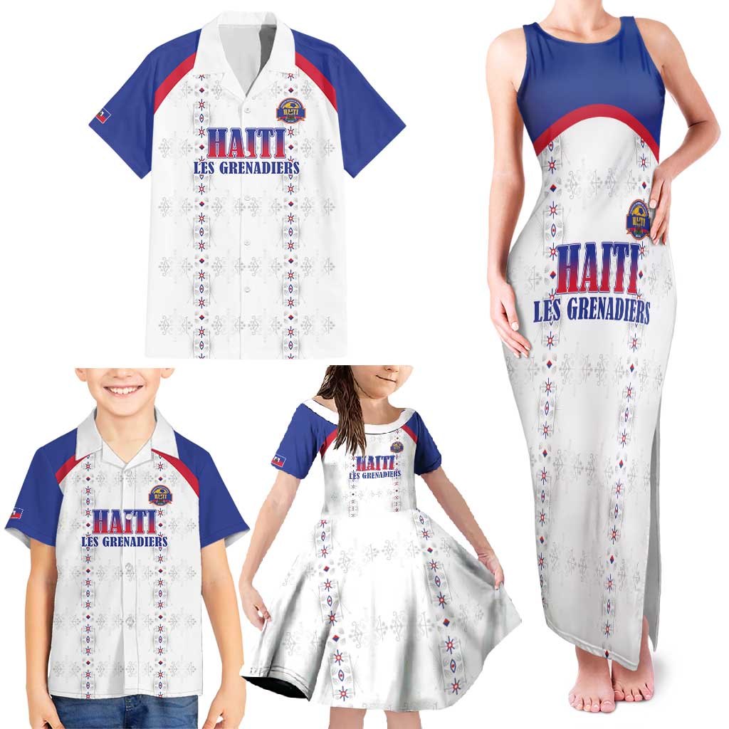 Custom Haiti Football Family Matching Tank Maxi Dress and Hawaiian Shirt Les Grenadiers Veve Haitian Vodou White Version - Wonder Print Shop