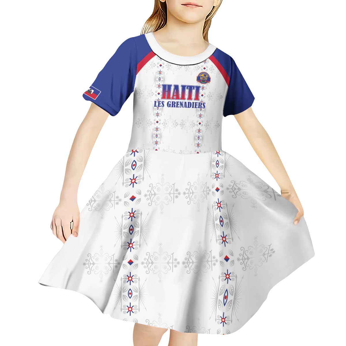Custom Haiti Football Kid Short Sleeve Dress Les Grenadiers Veve Haitian Vodou White Version - Wonder Print Shop
