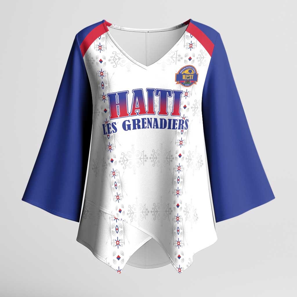 Custom Haiti Football Kimono Sleeve Blouse Les Grenadiers Veve Haitian Vodou White Version - Wonder Print Shop