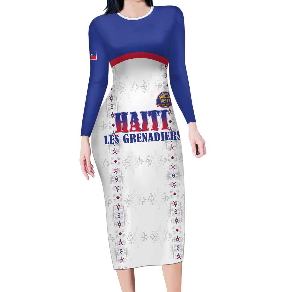 Custom Haiti Football Long Sleeve Bodycon Dress Les Grenadiers Veve Haitian Vodou White Version - Wonder Print Shop