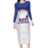 Custom Haiti Football Long Sleeve Bodycon Dress Les Grenadiers Veve Haitian Vodou White Version - Wonder Print Shop