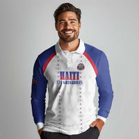 Custom Haiti Football Long Sleeve Polo Shirt Les Grenadiers Veve Haitian Vodou White Version - Wonder Print Shop