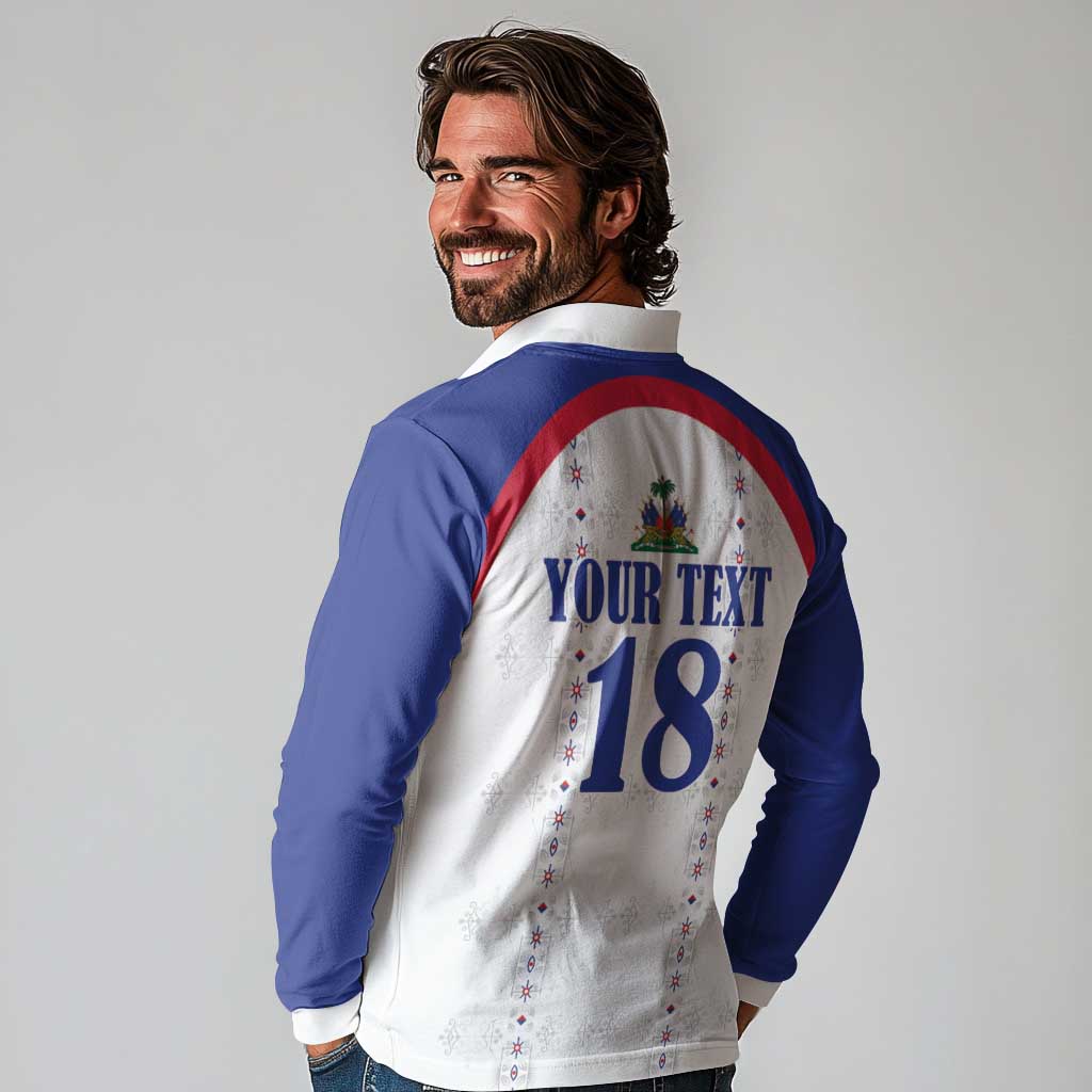 Custom Haiti Football Long Sleeve Polo Shirt Les Grenadiers Veve Haitian Vodou White Version - Wonder Print Shop