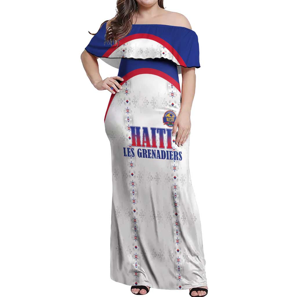 Custom Haiti Football Off Shoulder Maxi Dress Les Grenadiers Veve Haitian Vodou White Version - Wonder Print Shop