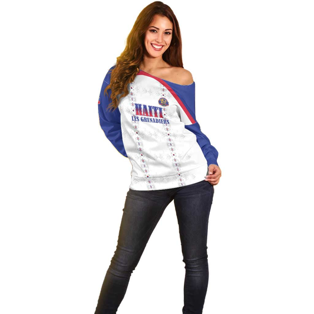 Custom Haiti Football Off Shoulder Sweater Les Grenadiers Veve Haitian Vodou White Version - Wonder Print Shop