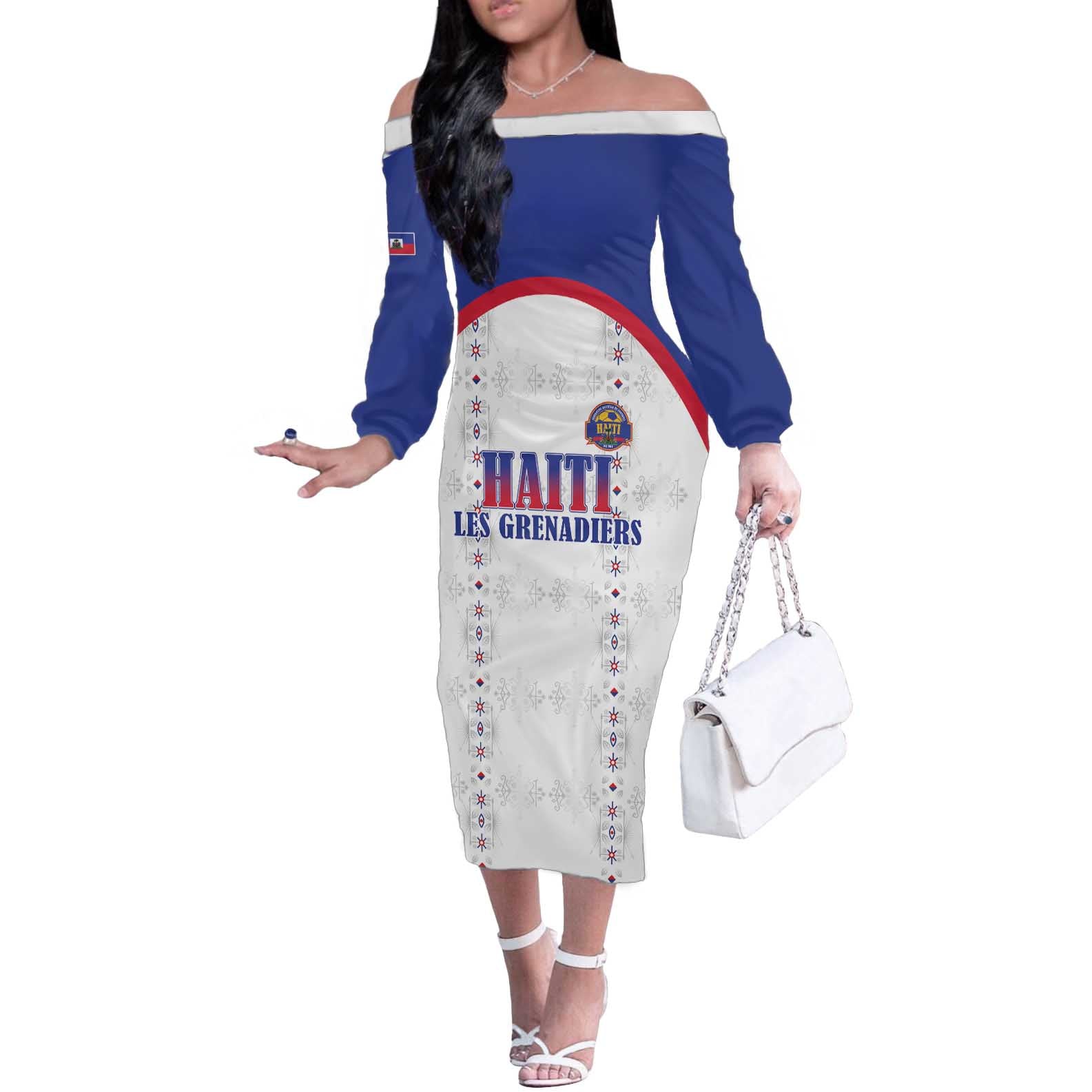 Custom Haiti Football Off The Shoulder Long Sleeve Dress Les Grenadiers Veve Haitian Vodou White Version - Wonder Print Shop