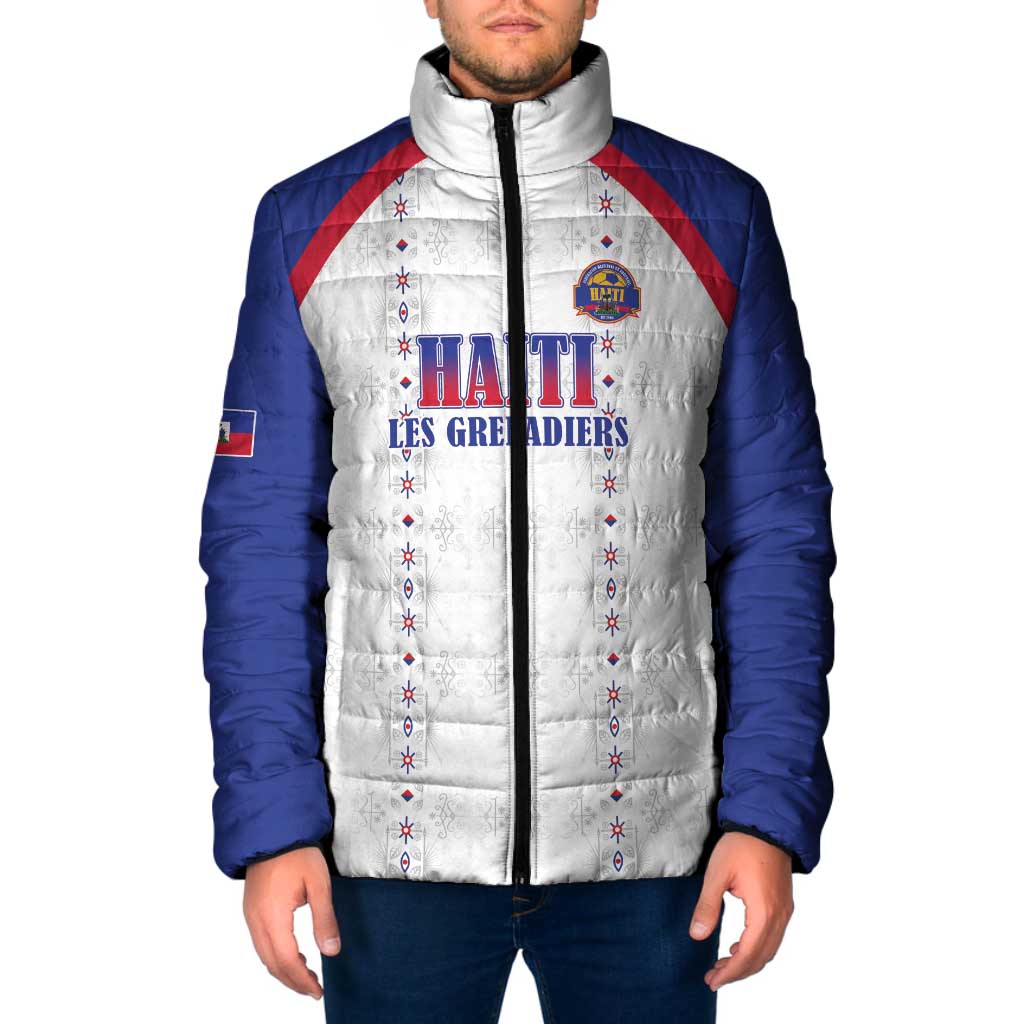 Custom Haiti Football Padded Jacket Les Grenadiers Veve Haitian Vodou White Version - Wonder Print Shop