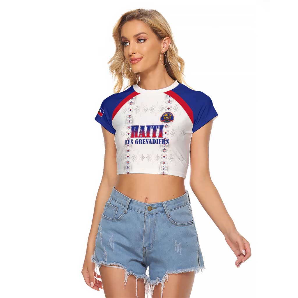 Custom Haiti Football Raglan Cropped T Shirt Les Grenadiers Veve Haitian Vodou White Version - Wonder Print Shop