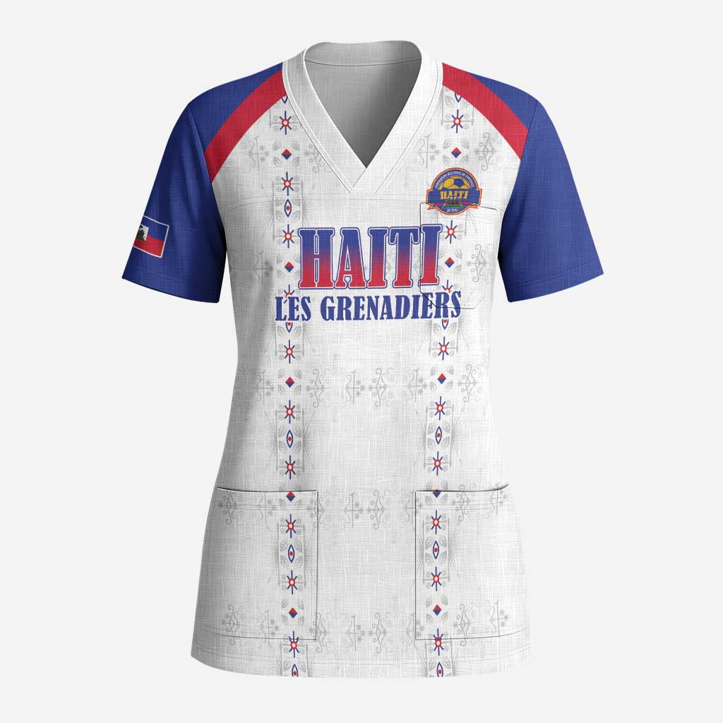 Custom Haiti Football Scrub Top Les Grenadiers Veve Haitian Vodou White Version - Wonder Print Shop