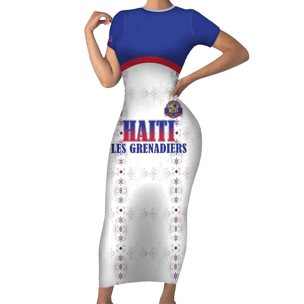 Custom Haiti Football Short Sleeve Bodycon Dress Les Grenadiers Veve Haitian Vodou White Version - Wonder Print Shop