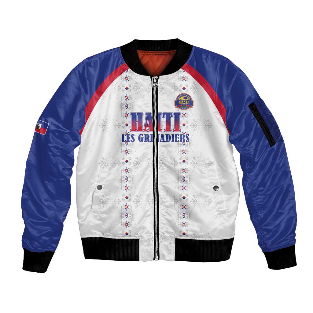 Custom Haiti Football Sleeve Zip Bomber Jacket Les Grenadiers Veve Haitian Vodou White Version - Wonder Print Shop