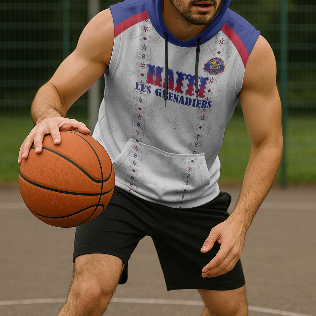 Custom Haiti Football Sleeveless Hoodie Les Grenadiers Veve Haitian Vodou White Version - Wonder Print Shop