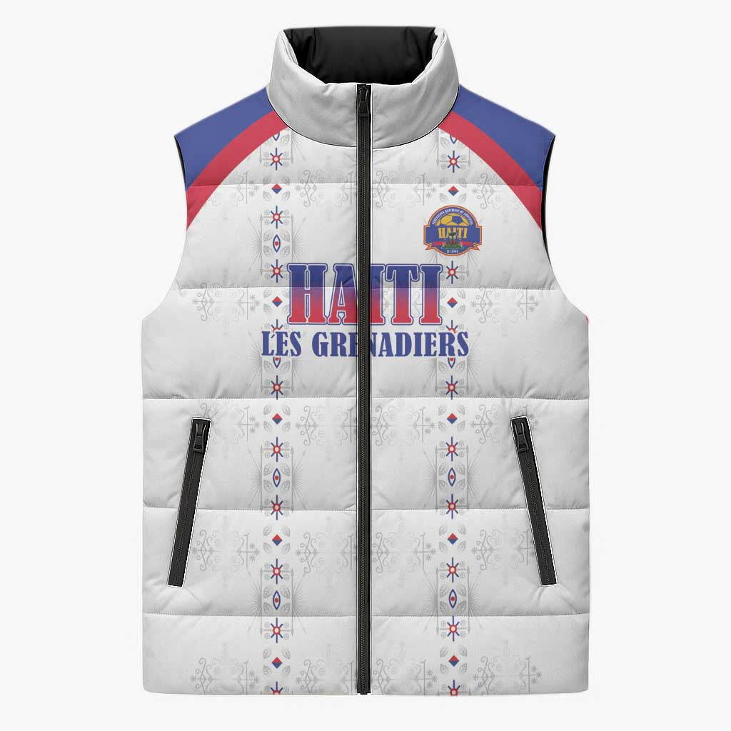 Custom Haiti Football Sleeveless Puffer Jacket Les Grenadiers Veve Haitian Vodou White Version - Wonder Print Shop