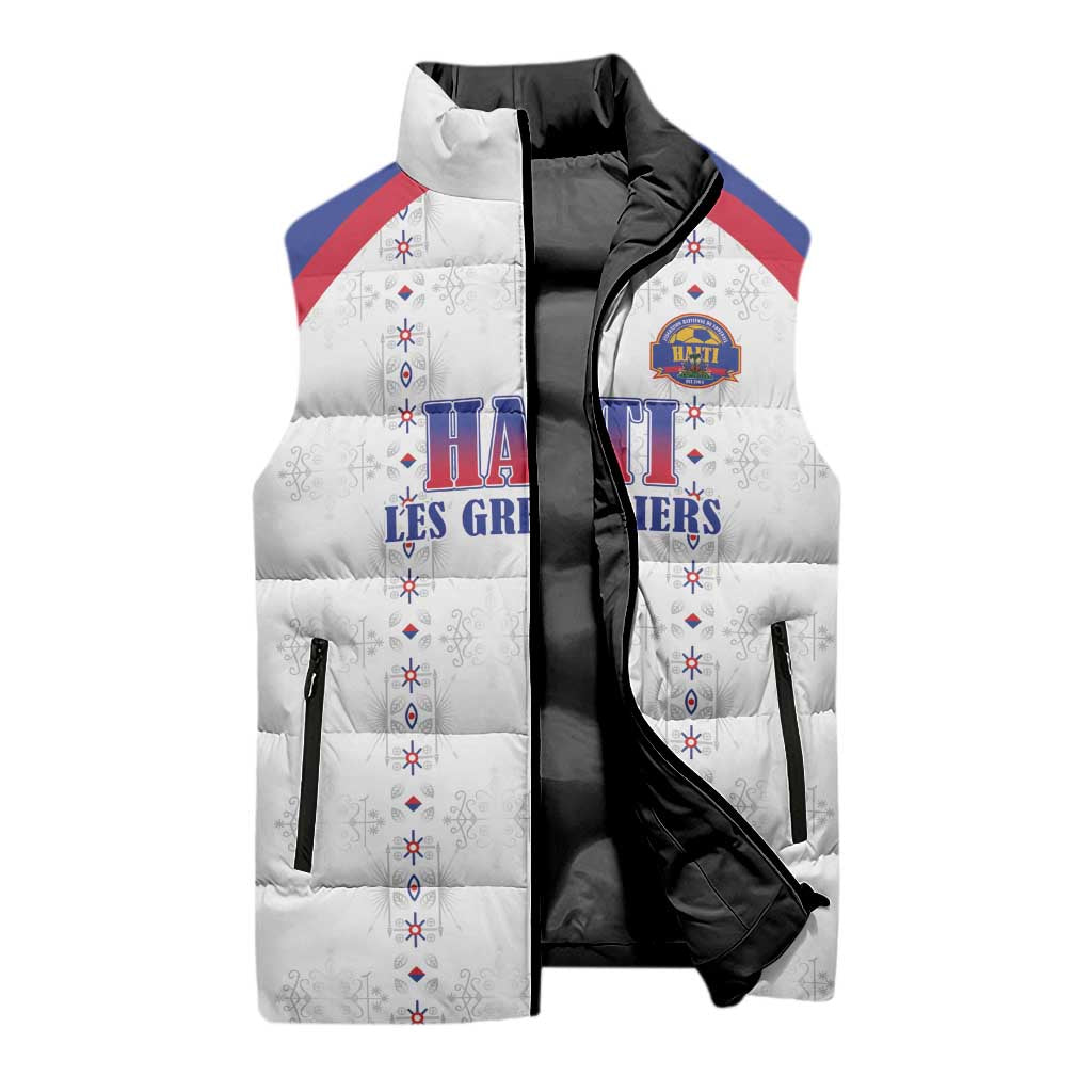 Custom Haiti Football Sleeveless Puffer Jacket Les Grenadiers Veve Haitian Vodou White Version - Wonder Print Shop