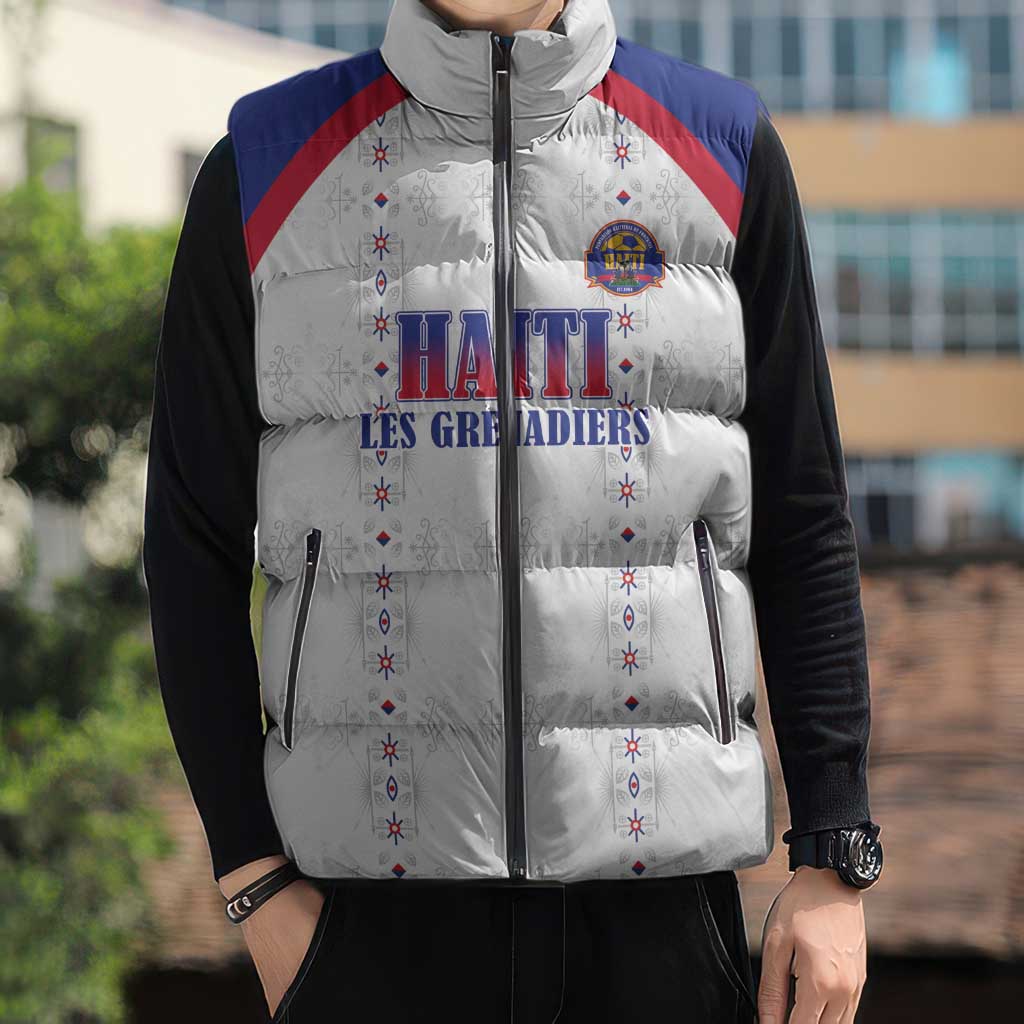 Custom Haiti Football Sleeveless Puffer Jacket Les Grenadiers Veve Haitian Vodou White Version - Wonder Print Shop