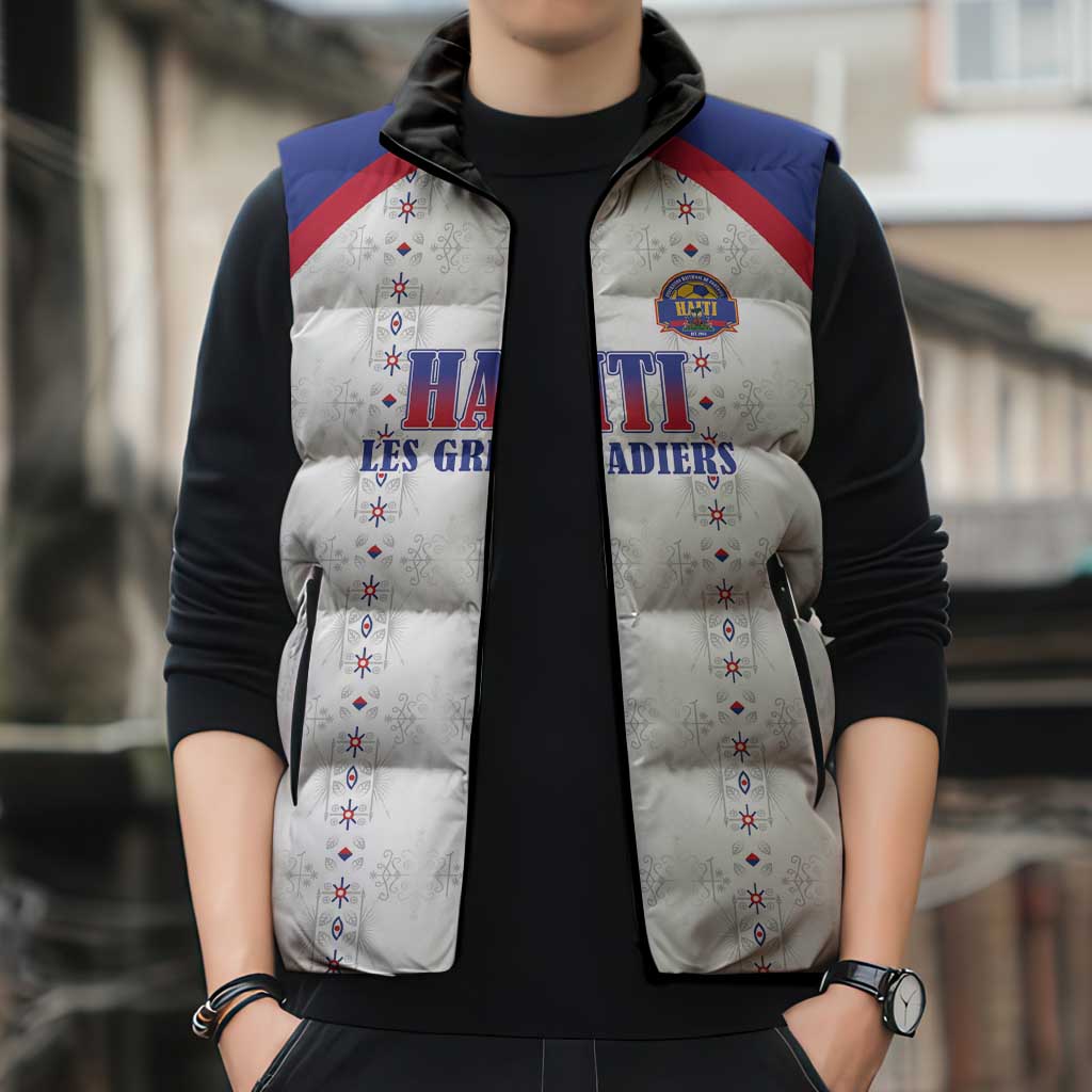 Custom Haiti Football Sleeveless Puffer Jacket Les Grenadiers Veve Haitian Vodou White Version - Wonder Print Shop