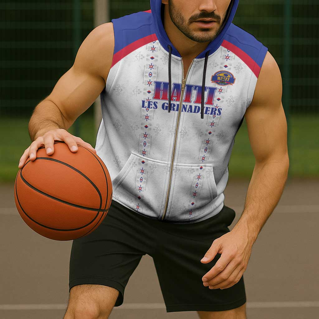 Custom Haiti Football Sleeveless Zip Hoodie Les Grenadiers Veve Haitian Vodou White Version - Wonder Print Shop