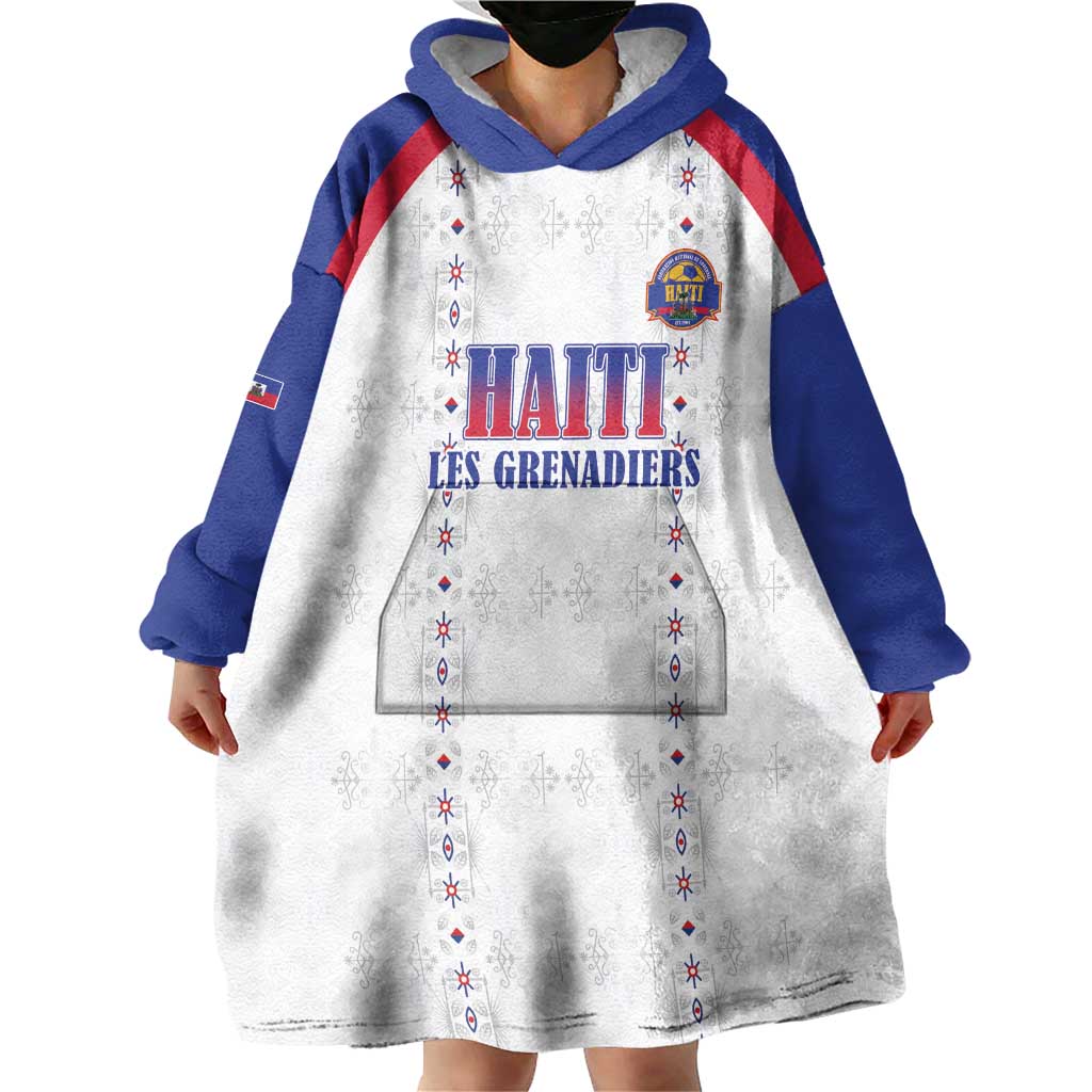 Custom Haiti Football Wearable Blanket Hoodie Les Grenadiers Veve Haitian Vodou White Version - Wonder Print Shop