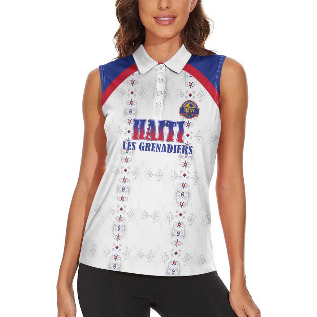 Custom Haiti Football Women Sleeveless Polo Shirt Les Grenadiers Veve Haitian Vodou White Version - Wonder Print Shop