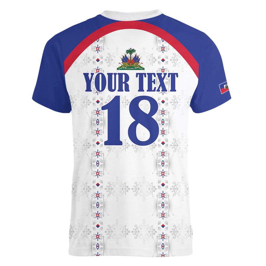 Custom Haiti Football Women V-Neck T-Shirt Les Grenadiers Veve Haitian Vodou White Version - Wonder Print Shop