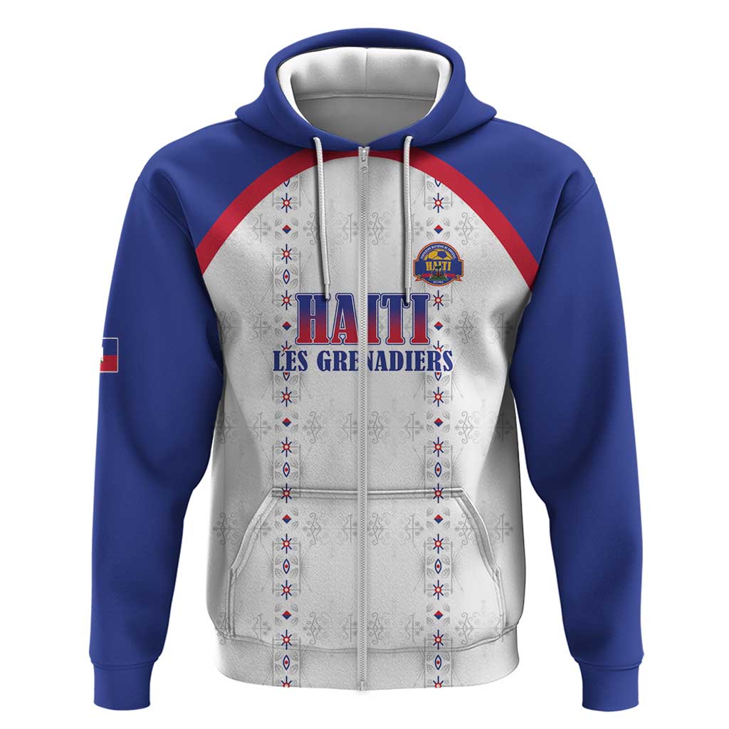 Custom Haiti Football Zip Hoodie Les Grenadiers Veve Haitian Vodou White Version - Wonder Print Shop
