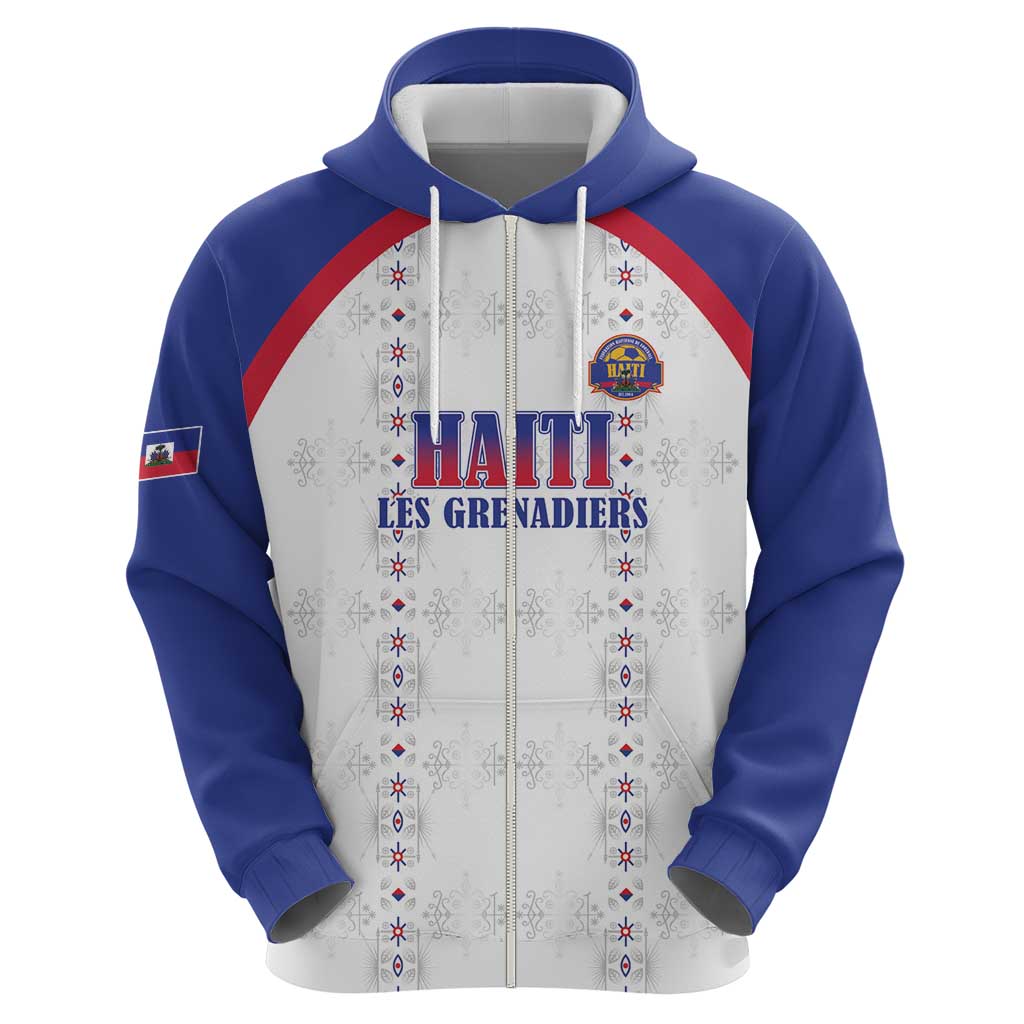 Custom Haiti Football Zip Hoodie Les Grenadiers Veve Haitian Vodou White Version - Wonder Print Shop