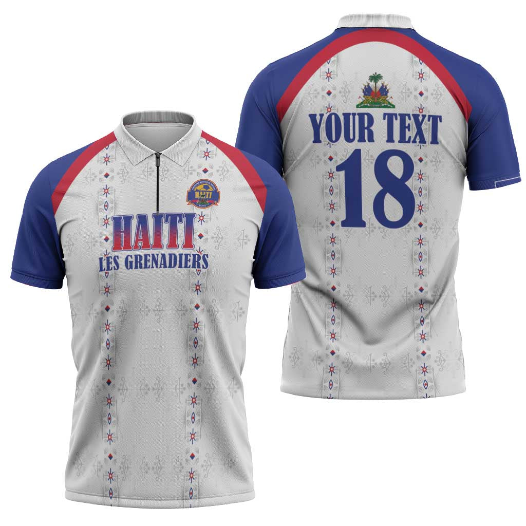 Custom Haiti Football Zipper Polo Shirt Les Grenadiers Veve Haitian Vodou White Version - Wonder Print Shop