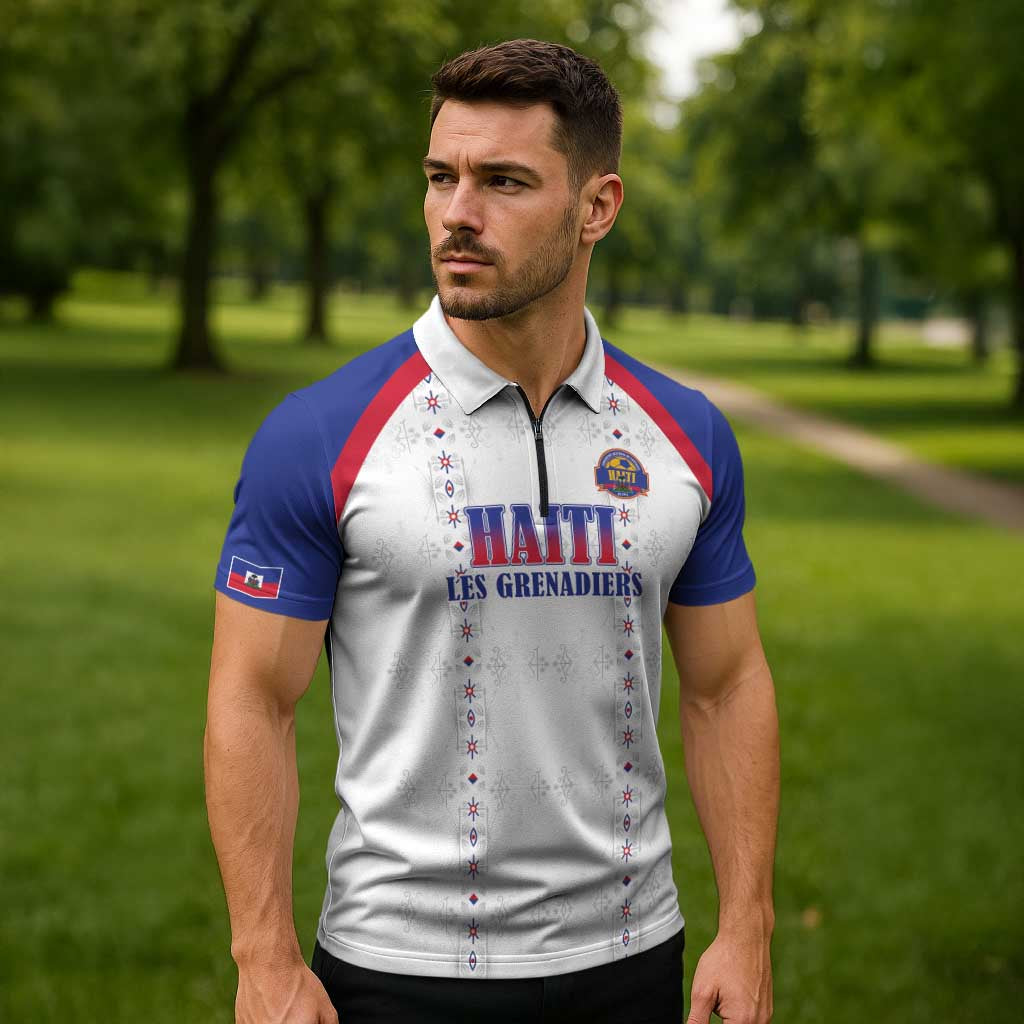 Custom Haiti Football Zipper Polo Shirt Les Grenadiers Veve Haitian Vodou White Version - Wonder Print Shop