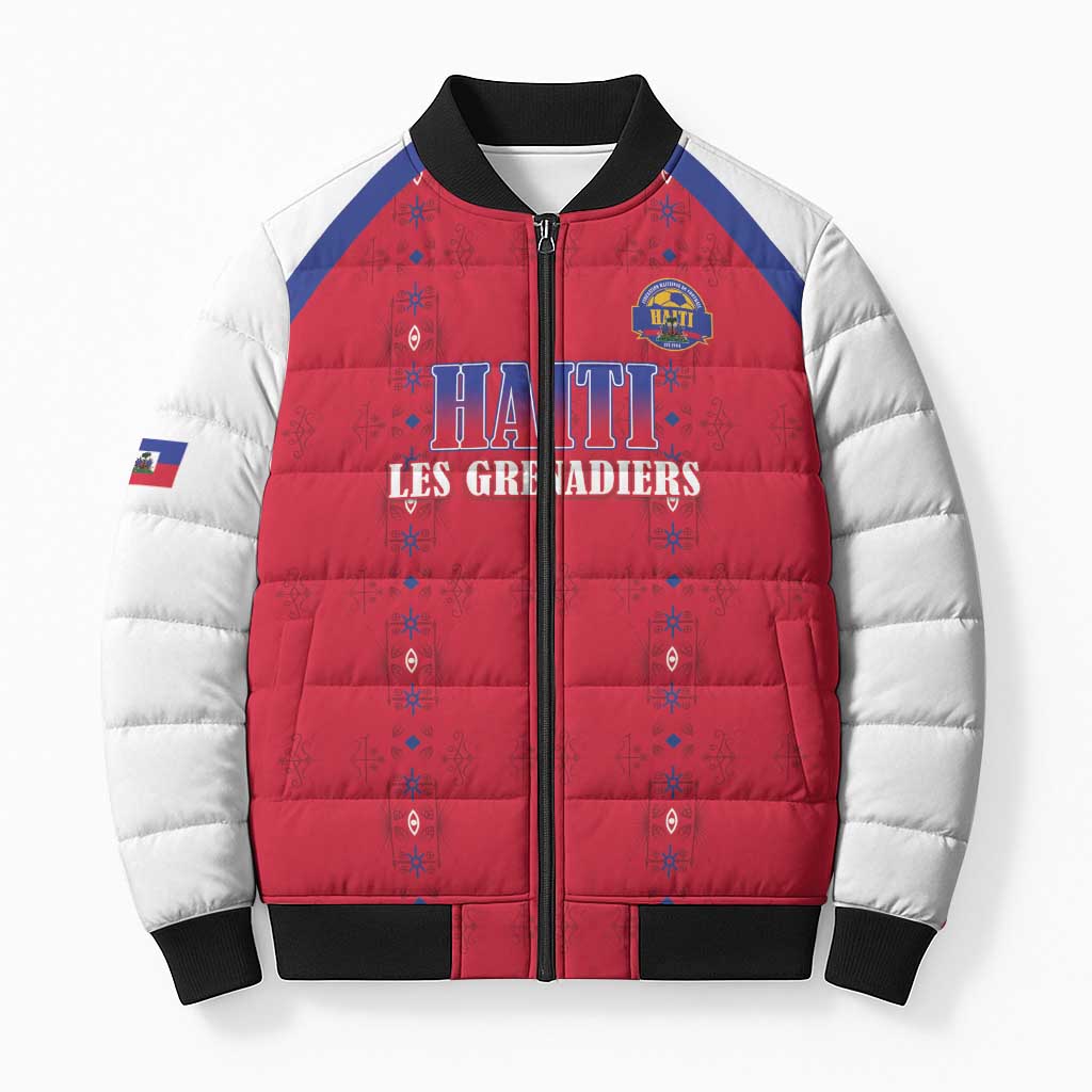 Custom Haiti Football Bomber Puffer Jacket Les Grenadiers Veve Haitian Vodou Red Version - Wonder Print Shop