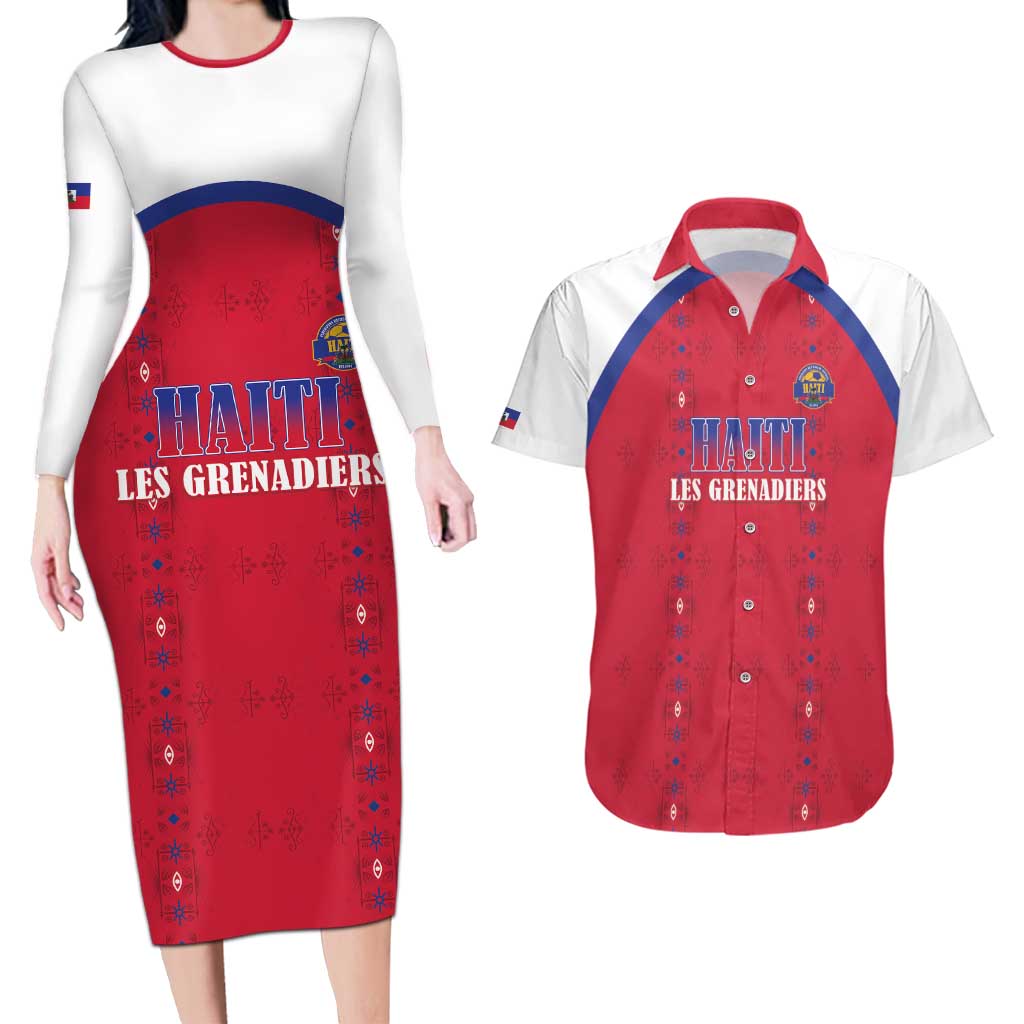 Custom Haiti Football Couples Matching Long Sleeve Bodycon Dress and Hawaiian Shirt Les Grenadiers Veve Haitian Vodou Red Version - Wonder Print Shop