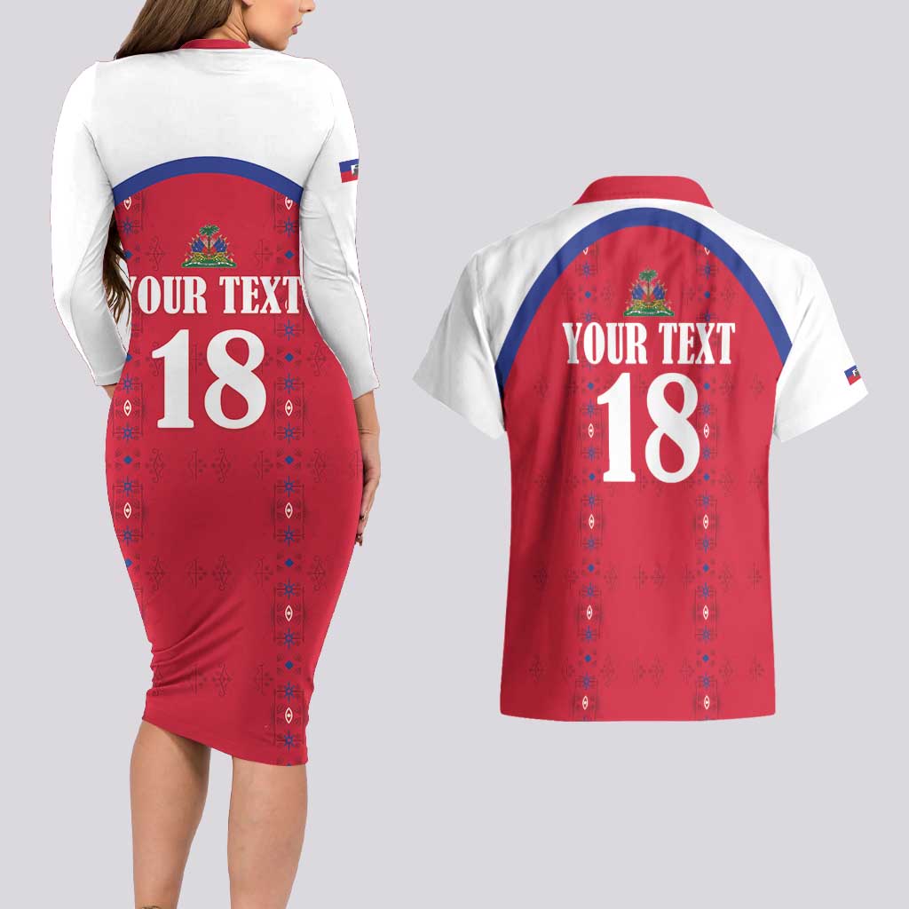 Custom Haiti Football Couples Matching Long Sleeve Bodycon Dress and Hawaiian Shirt Les Grenadiers Veve Haitian Vodou Red Version - Wonder Print Shop