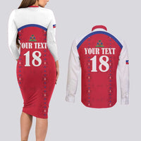 Custom Haiti Football Couples Matching Long Sleeve Bodycon Dress and Long Sleeve Button Shirt Les Grenadiers Veve Haitian Vodou Red Version - Wonder Print Shop