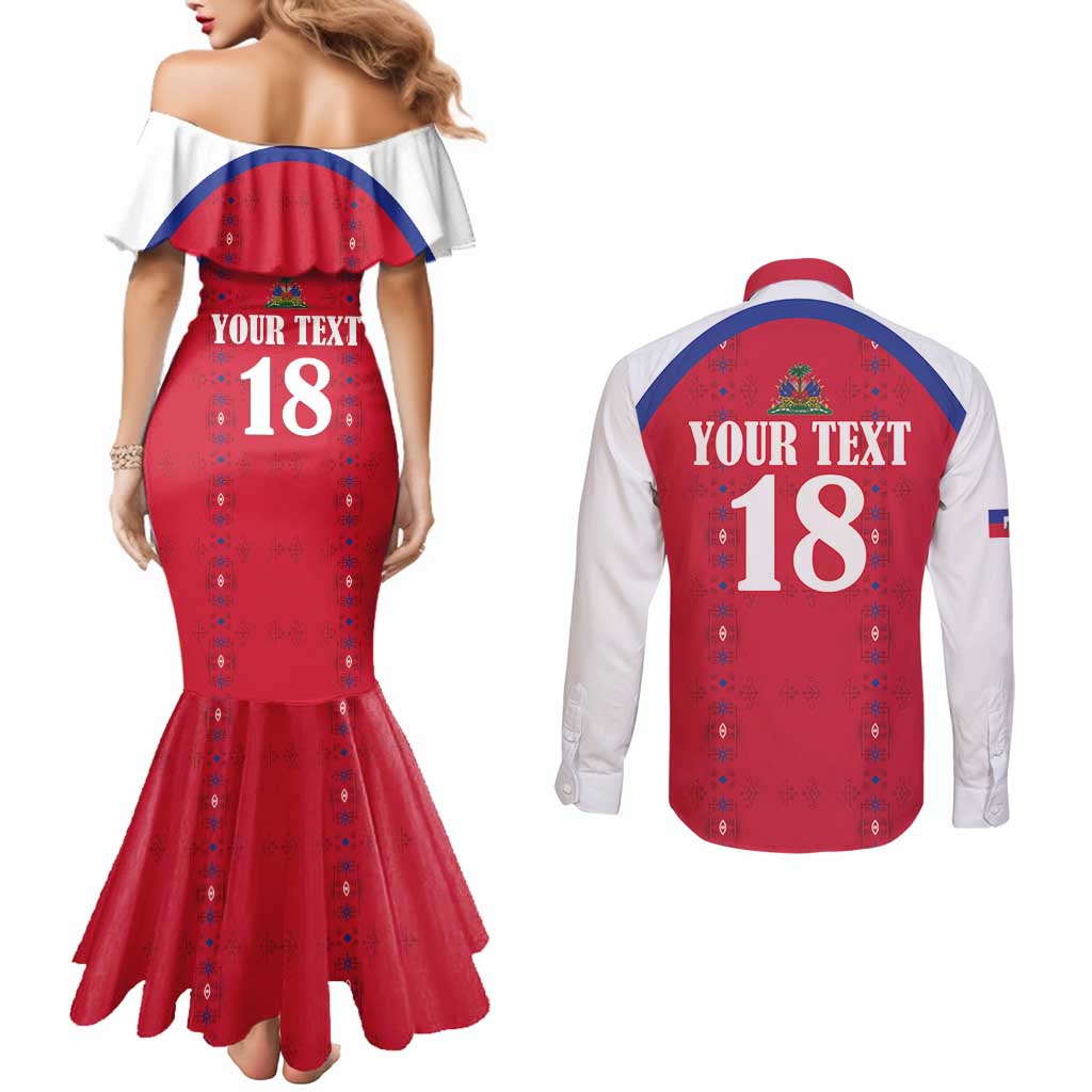 Custom Haiti Football Couples Matching Mermaid Dress and Long Sleeve Button Shirt Les Grenadiers Veve Haitian Vodou Red Version - Wonder Print Shop