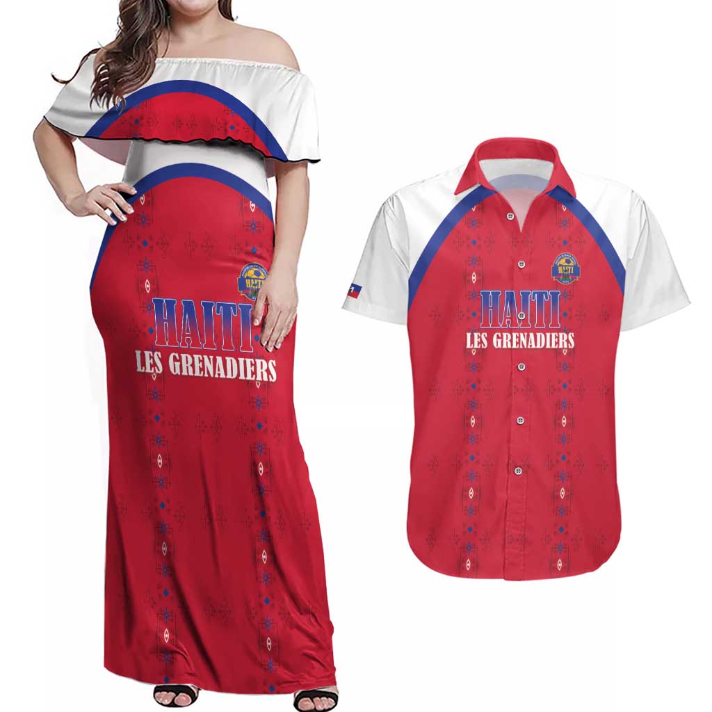 Custom Haiti Football Couples Matching Off Shoulder Maxi Dress and Hawaiian Shirt Les Grenadiers Veve Haitian Vodou Red Version - Wonder Print Shop