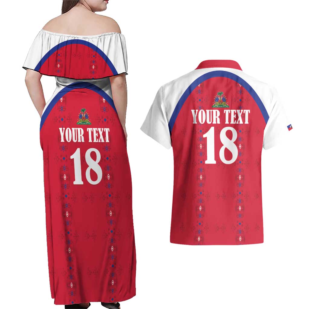 Custom Haiti Football Couples Matching Off Shoulder Maxi Dress and Hawaiian Shirt Les Grenadiers Veve Haitian Vodou Red Version - Wonder Print Shop