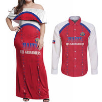 Custom Haiti Football Couples Matching Off Shoulder Maxi Dress and Long Sleeve Button Shirt Les Grenadiers Veve Haitian Vodou Red Version - Wonder Print Shop