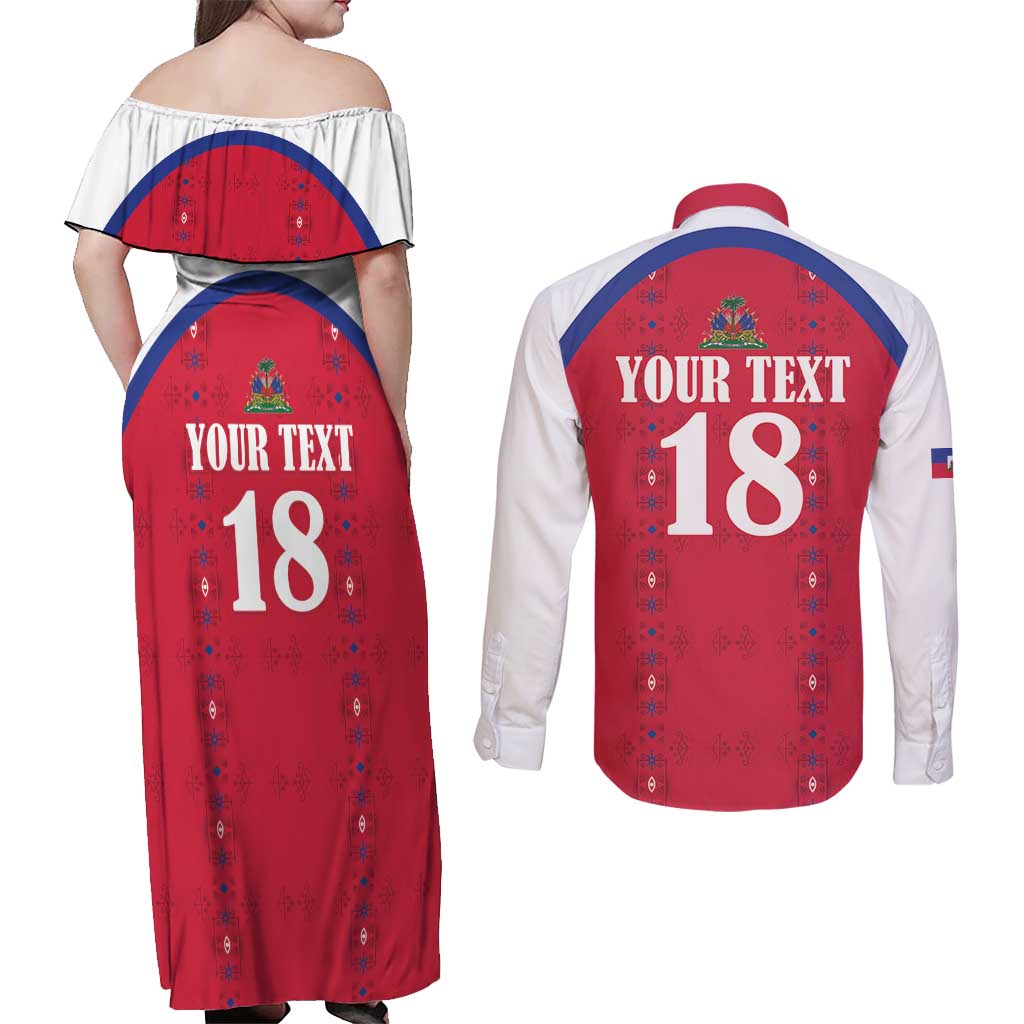 Custom Haiti Football Couples Matching Off Shoulder Maxi Dress and Long Sleeve Button Shirt Les Grenadiers Veve Haitian Vodou Red Version - Wonder Print Shop