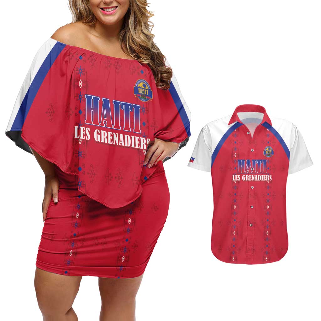 Custom Haiti Football Couples Matching Off Shoulder Short Dress and Hawaiian Shirt Les Grenadiers Veve Haitian Vodou Red Version - Wonder Print Shop