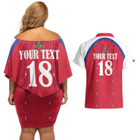 Custom Haiti Football Couples Matching Off Shoulder Short Dress and Hawaiian Shirt Les Grenadiers Veve Haitian Vodou Red Version - Wonder Print Shop