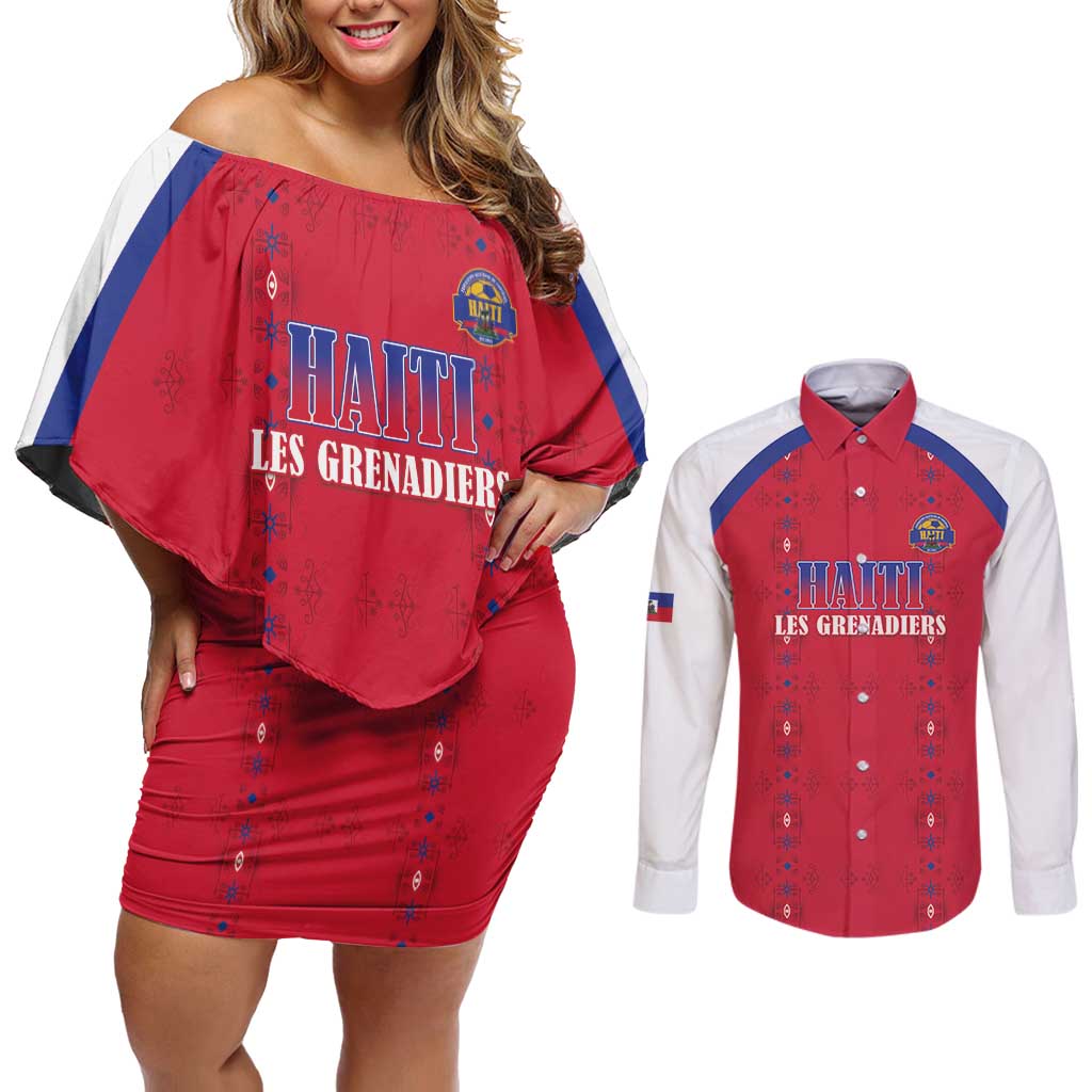 Custom Haiti Football Couples Matching Off Shoulder Short Dress and Long Sleeve Button Shirt Les Grenadiers Veve Haitian Vodou Red Version - Wonder Print Shop