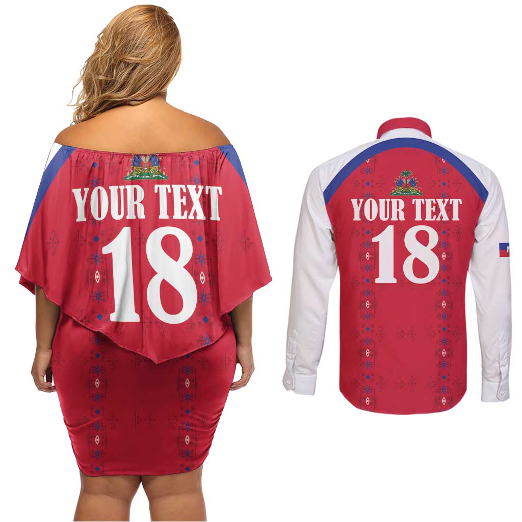 Custom Haiti Football Couples Matching Off Shoulder Short Dress and Long Sleeve Button Shirt Les Grenadiers Veve Haitian Vodou Red Version - Wonder Print Shop