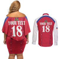 Custom Haiti Football Couples Matching Off Shoulder Short Dress and Long Sleeve Button Shirt Les Grenadiers Veve Haitian Vodou Red Version - Wonder Print Shop