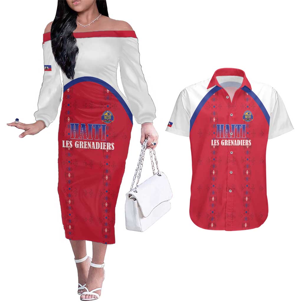 Custom Haiti Football Couples Matching Off The Shoulder Long Sleeve Dress and Hawaiian Shirt Les Grenadiers Veve Haitian Vodou Red Version - Wonder Print Shop
