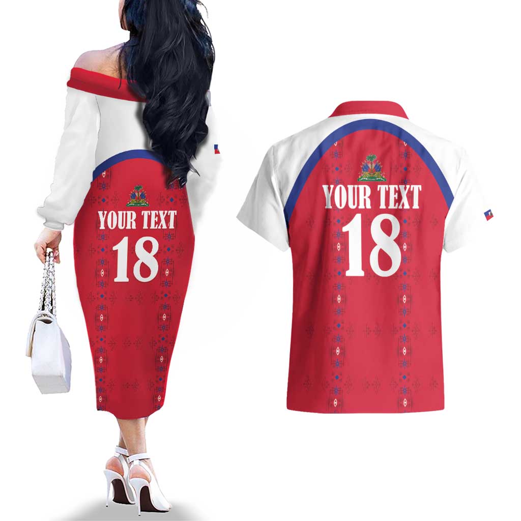 Custom Haiti Football Couples Matching Off The Shoulder Long Sleeve Dress and Hawaiian Shirt Les Grenadiers Veve Haitian Vodou Red Version - Wonder Print Shop