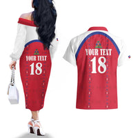 Custom Haiti Football Couples Matching Off The Shoulder Long Sleeve Dress and Hawaiian Shirt Les Grenadiers Veve Haitian Vodou Red Version - Wonder Print Shop