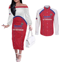 Custom Haiti Football Couples Matching Off The Shoulder Long Sleeve Dress and Long Sleeve Button Shirt Les Grenadiers Veve Haitian Vodou Red Version - Wonder Print Shop